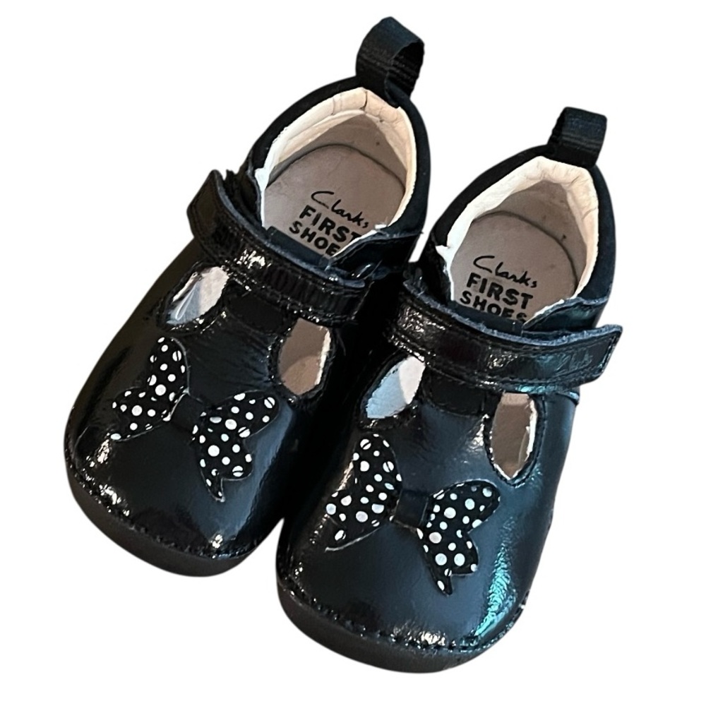 Clark's Black Patent Leather Polka Dot Bow Shoes Baby Toddler Girl Size 4.5